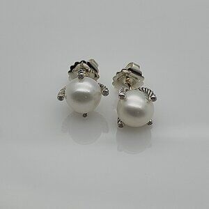 David Yurman Classic Cable  Pearl Stud Earrings in Sterling Silver with Diamonds